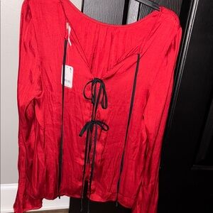 Free People Red Long-Sleeve Blouse with Black Ties size L